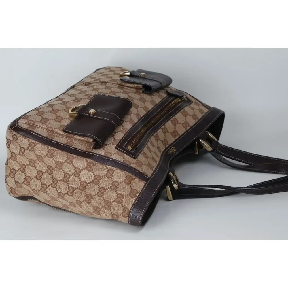 Vintage GUCCI GG Monogram Canvas Abbey D-Ring Pocket Tote Bag Brown Leather